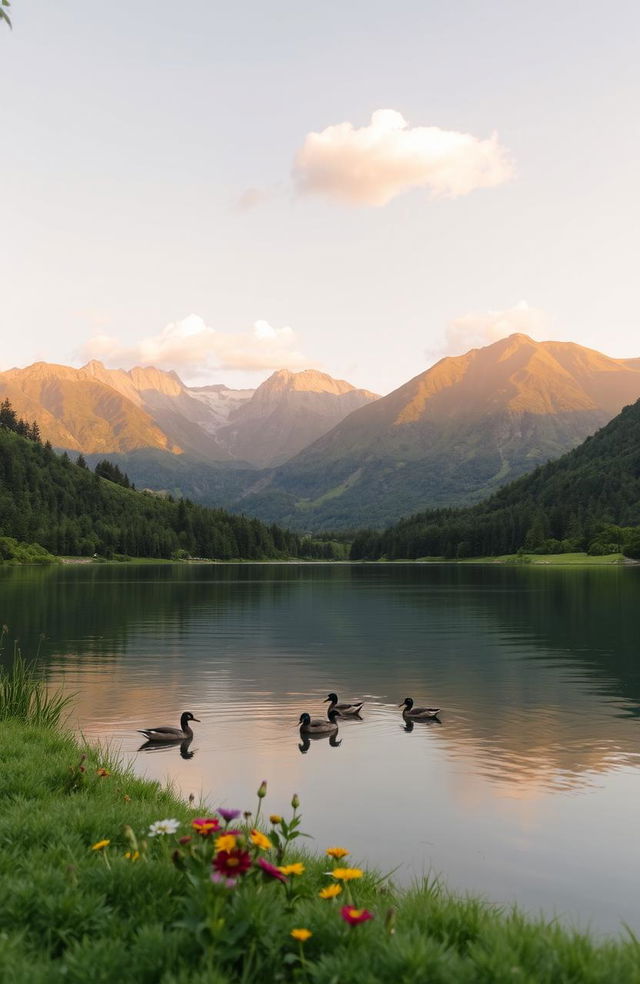 A serene and picturesque landscape featuring a tranquil lake surrounded by lush greenery and majestic mountains in the background