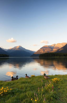 A serene and picturesque landscape featuring a tranquil lake surrounded by lush greenery and majestic mountains in the background