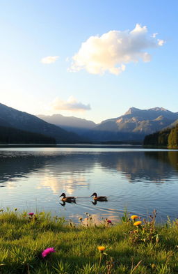 A serene and picturesque landscape featuring a tranquil lake surrounded by lush greenery and majestic mountains in the background