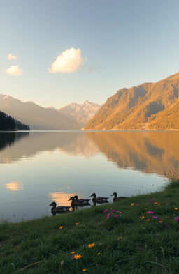 A serene and picturesque landscape featuring a tranquil lake surrounded by lush greenery and majestic mountains in the background