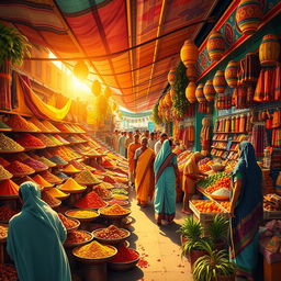 A vibrant and colorful scene featuring a traditional Indian market filled with various spices, textiles, and handcrafted items