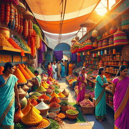A vibrant and colorful scene featuring a traditional Indian market filled with various spices, textiles, and handcrafted items