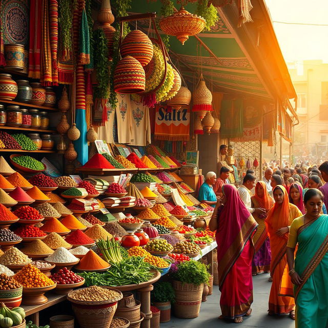 A vibrant and colorful scene featuring a traditional Indian market filled with various spices, textiles, and handcrafted items