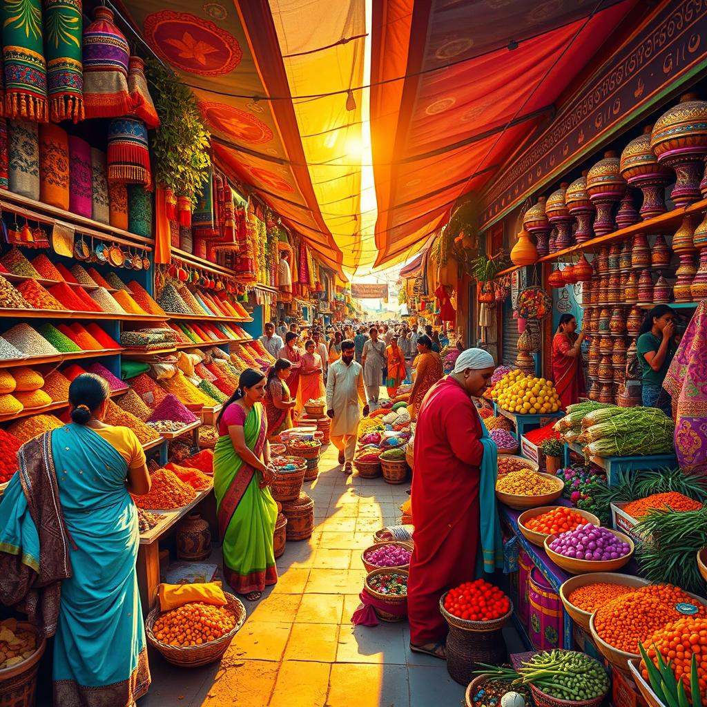 A vibrant and colorful scene featuring a traditional Indian market filled with various spices, textiles, and handcrafted items