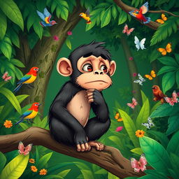 An engaging illustration of a monkey sitting thoughtfully on a branch, with a concerned expression on his face