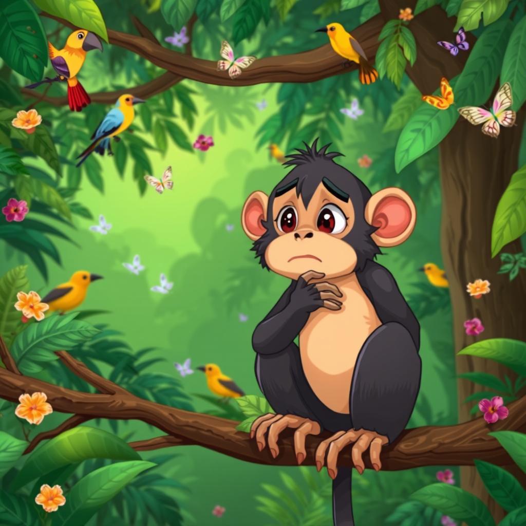 An engaging illustration of a monkey sitting thoughtfully on a branch, with a concerned expression on his face