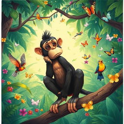 An engaging illustration of a monkey sitting thoughtfully on a branch, with a concerned expression on his face