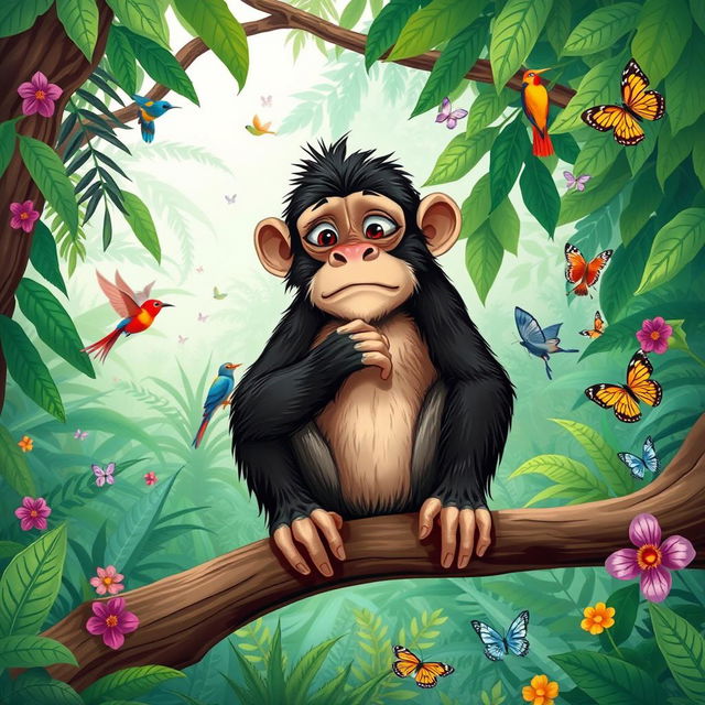 An engaging illustration of a monkey sitting thoughtfully on a branch, with a concerned expression on his face