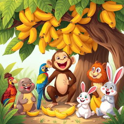 A joyful illustration of a monkey excitedly conversing with various animals, including a vibrant, colorful parrot and a cheerful rabbit, all gathered under a large tree laden with ripe bananas