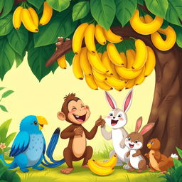A joyful illustration of a monkey excitedly conversing with various animals, including a vibrant, colorful parrot and a cheerful rabbit, all gathered under a large tree laden with ripe bananas