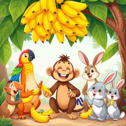 A joyful illustration of a monkey excitedly conversing with various animals, including a vibrant, colorful parrot and a cheerful rabbit, all gathered under a large tree laden with ripe bananas