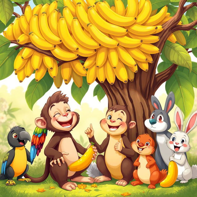 A joyful illustration of a monkey excitedly conversing with various animals, including a vibrant, colorful parrot and a cheerful rabbit, all gathered under a large tree laden with ripe bananas