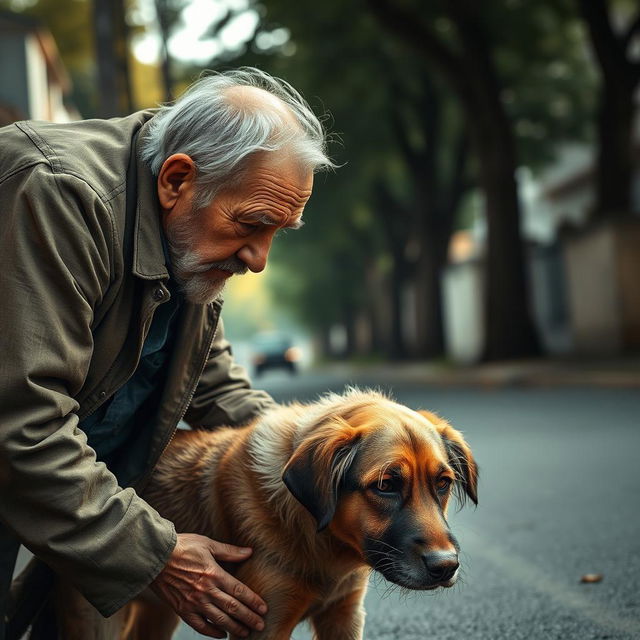 A poignant scene depicting an old man bending down to pick up a stray dog, capturing a moment of compassion