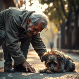 A poignant scene depicting an old man bending down to pick up a stray dog, capturing a moment of compassion