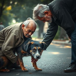 A poignant scene depicting an old man bending down to pick up a stray dog, capturing a moment of compassion