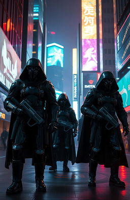 A dramatic scene depicting invisible warriors clad in futuristic dark armor, cloaked in stealth technology