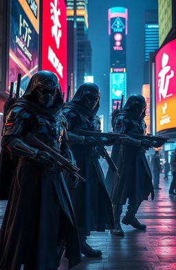 A dramatic scene depicting invisible warriors clad in futuristic dark armor, cloaked in stealth technology