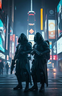 A dramatic scene depicting invisible warriors clad in futuristic dark armor, cloaked in stealth technology