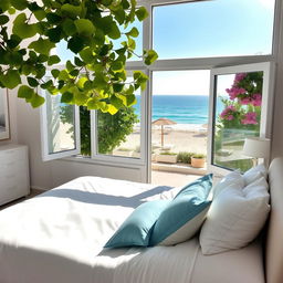A stunning double bedroom with elegant decor, featuring large windows that overlook the beautiful Mykonos beach in Greece
