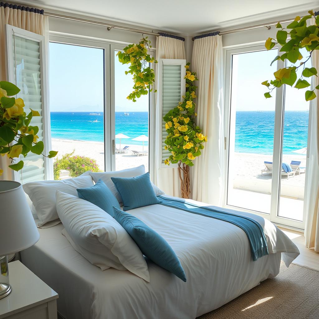 A stunning double bedroom with elegant decor, featuring large windows that overlook the beautiful Mykonos beach in Greece