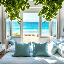 A stunning double bedroom with elegant decor, featuring large windows that overlook the beautiful Mykonos beach in Greece