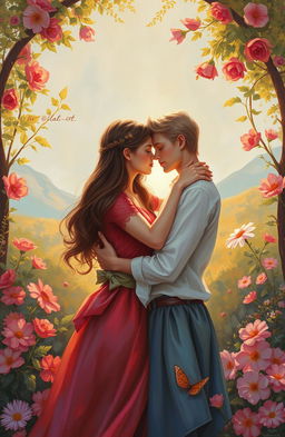 A romantic painting depicting love, featuring two figures in an enchanting embrace, surrounded by a beautiful natural landscape with vibrant flowers and soft sunlight illuminating the scene