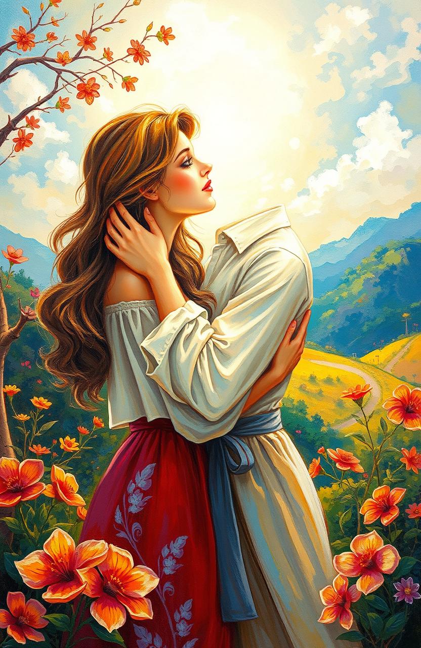 A romantic painting depicting love, featuring two figures in an enchanting embrace, surrounded by a beautiful natural landscape with vibrant flowers and soft sunlight illuminating the scene