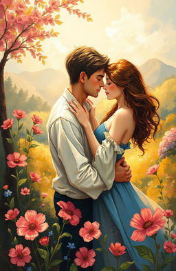 A romantic painting depicting love, featuring two figures in an enchanting embrace, surrounded by a beautiful natural landscape with vibrant flowers and soft sunlight illuminating the scene