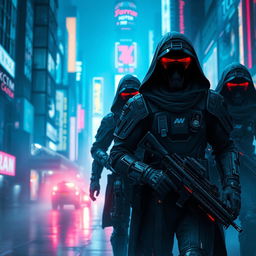 A captivating depiction of invisible warriors shrouded in dark, high-tech armor, silently patrolling a futuristic city during a cyber war