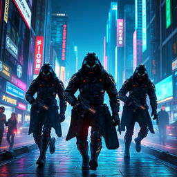 A captivating depiction of invisible warriors shrouded in dark, high-tech armor, silently patrolling a futuristic city during a cyber war