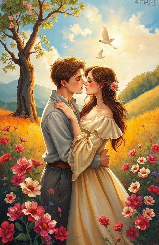 A romantic painting depicting love, featuring two figures in an enchanting embrace, surrounded by a beautiful natural landscape with vibrant flowers and soft sunlight illuminating the scene