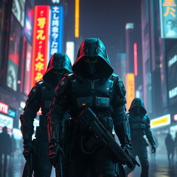 A captivating depiction of invisible warriors shrouded in dark, high-tech armor, silently patrolling a futuristic city during a cyber war