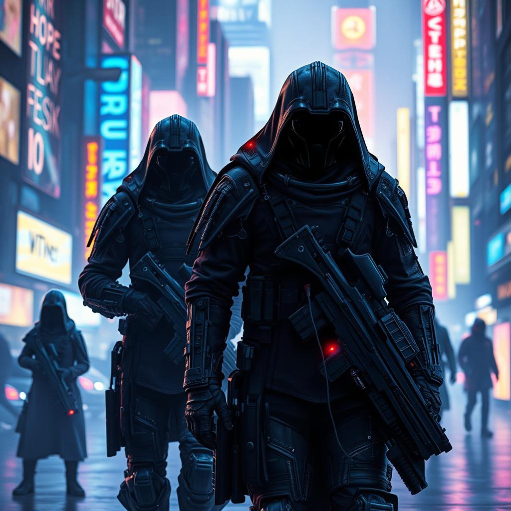 A captivating depiction of invisible warriors shrouded in dark, high-tech armor, silently patrolling a futuristic city during a cyber war