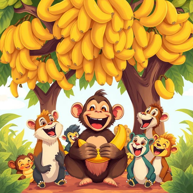 A lively illustration of a joyful monkey enjoying a banana, surrounded by his animal friends who are all laughing and having a great time