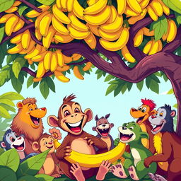 A lively illustration of a joyful monkey enjoying a banana, surrounded by his animal friends who are all laughing and having a great time