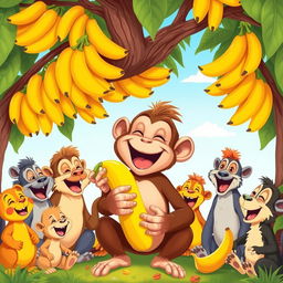 A lively illustration of a joyful monkey enjoying a banana, surrounded by his animal friends who are all laughing and having a great time