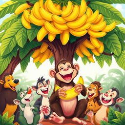 A lively illustration of a joyful monkey enjoying a banana, surrounded by his animal friends who are all laughing and having a great time