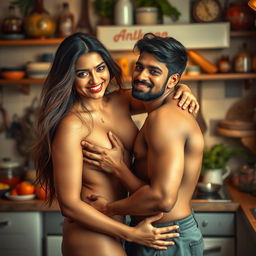 A passionate and intimate scene in a kitchen with a hot 38-year-old Indian woman and a 22-year-old Indian guy