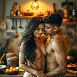 A passionate and intimate scene in a kitchen with a hot 38-year-old Indian woman and a 22-year-old Indian guy