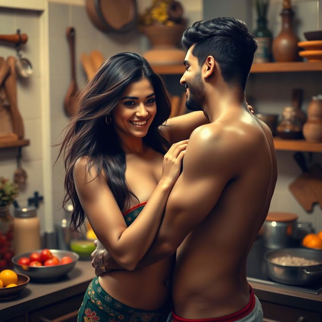 A passionate and intimate scene in a kitchen with a hot 38-year-old Indian woman and a 22-year-old Indian guy