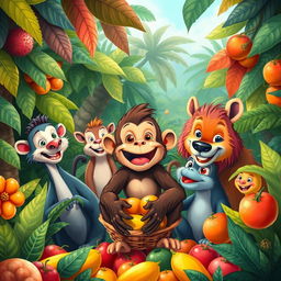 A delightful illustration of a monkey happily assisting his animal friends in gathering fruit from vibrant jungle trees