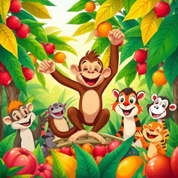 A delightful illustration of a monkey happily assisting his animal friends in gathering fruit from vibrant jungle trees