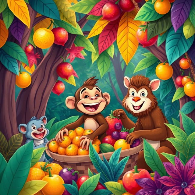 A delightful illustration of a monkey happily assisting his animal friends in gathering fruit from vibrant jungle trees