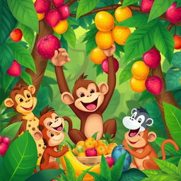 A delightful illustration of a monkey happily assisting his animal friends in gathering fruit from vibrant jungle trees