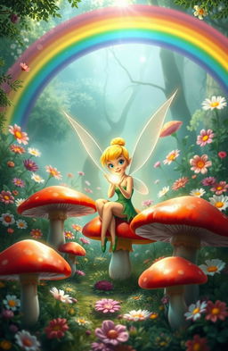 A whimsical scene of Tinker Bell sitting on oversized, colorful mushrooms in a lush, magical forest