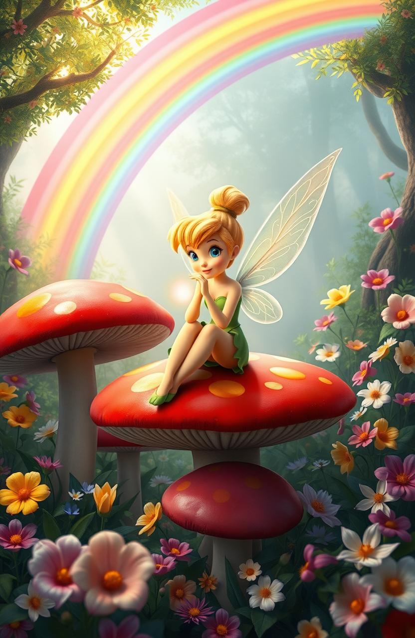 A whimsical scene of Tinker Bell sitting on oversized, colorful mushrooms in a lush, magical forest