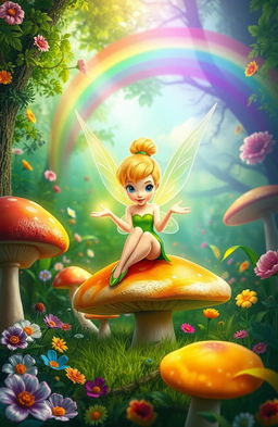 A whimsical scene of Tinker Bell sitting on oversized, colorful mushrooms in a lush, magical forest