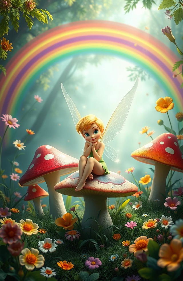 A whimsical scene of Tinker Bell sitting on oversized, colorful mushrooms in a lush, magical forest