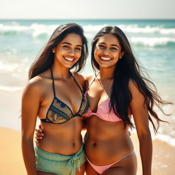 A stunning 38-year-old Indian woman in a stylish bikini, looking confident and vibrant, stands on a sunny beach