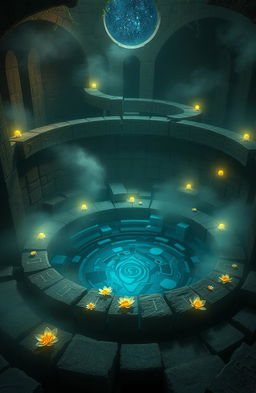 A captivating scene titled 'Labyrinth of Echoes', depicting an intricate maze made of ancient stone walls, adorned with glowing runes and vines